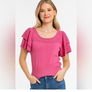 Neiman Marcus Pink Knit Ruffle Sleeve Top